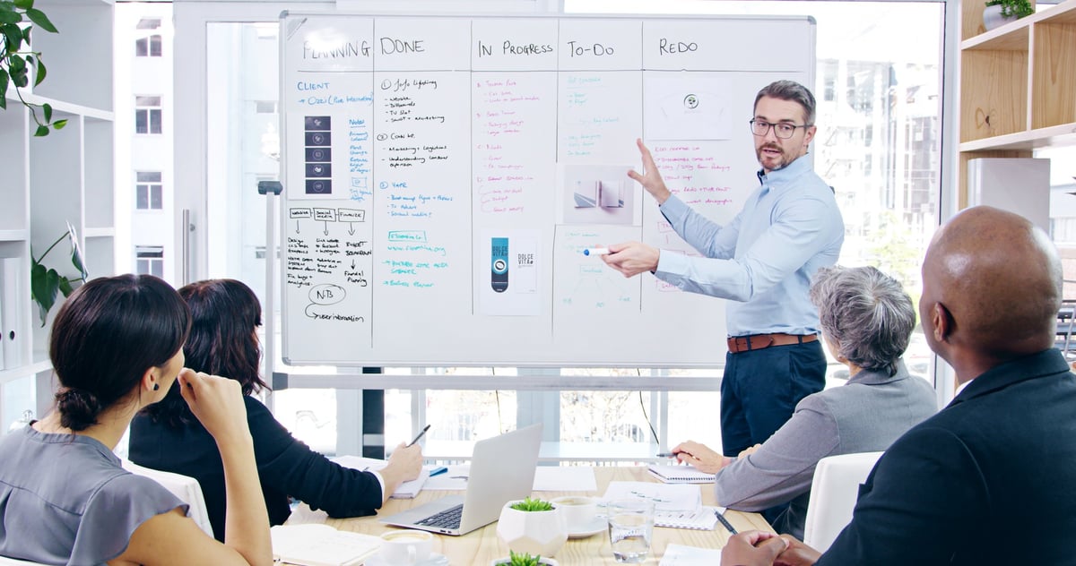 Presentation, discussion and businessman with whiteboard in office for project analysis with team. Meeting, collaboration and speaker with employees for checklist with corporate workshop training.